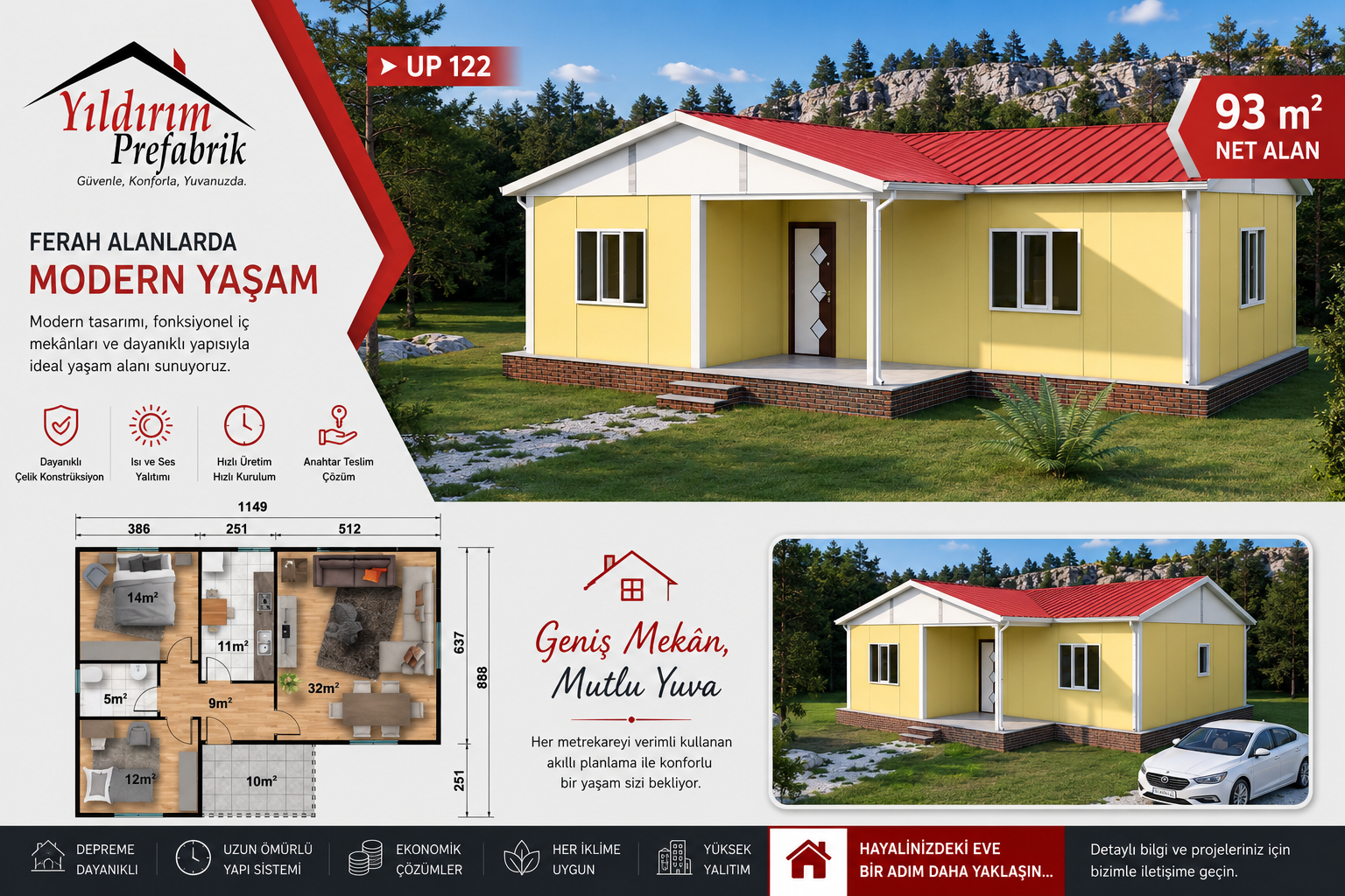 93 m2 Tek Katlı Prefabrik Konut